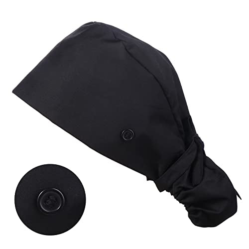 Surgical Cap Fabric Black Cotton Scrub Hat Surgical Cap Nurse Hat Surgical Hat Adjustable Work Hat with Button Sweatband Ponytail Pocket Hat Lace-up Hat for Women