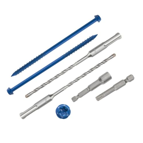 1/4" x 6" Concrete Screws, Blue Hex Head with Star Drive, 100 Pack w/ 2 Drill Bits, 1 Star Bit, & 1 Hex Bit Included - Heavy Duty Masonry Anchor Screws for Concrete, Brick, Block - Carbon Steel 1/4" x 6"
