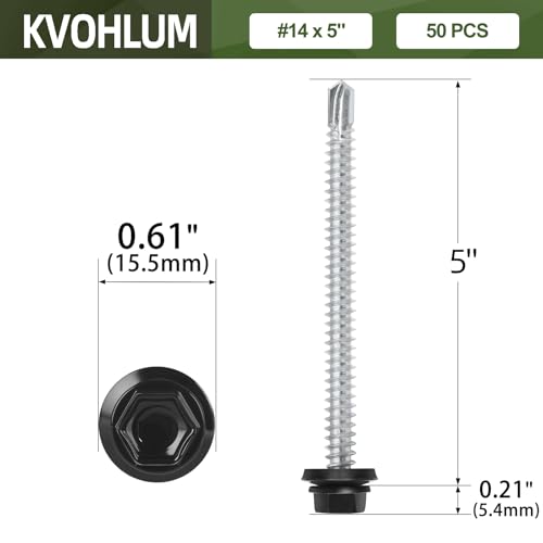 #14 x 5 (50 PCS) Black Metal Roofing Screws with Rubber Washer, Hex Head Self Tapping Screws for Metal, Self Drilling Sheet Metal Screw #14 x 5" 50