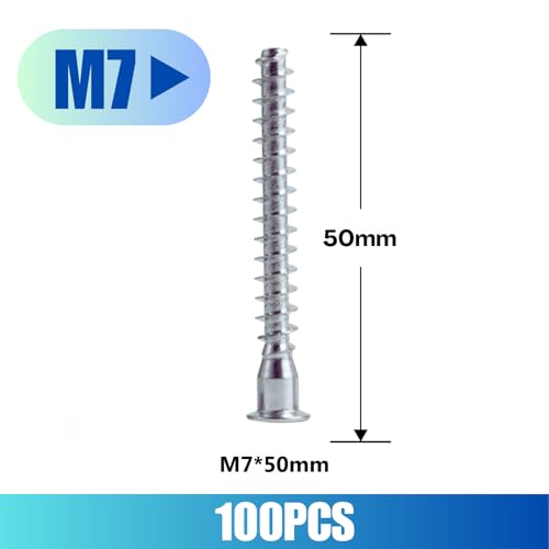 Confirmat Screws, 100 PCS M7 x 50mm, Hex Socket Drive Countersunk Self-Tapping Furniture Connecting Screw Set Carbon Steel Zinc Plated Silver