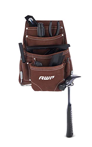AWP 10-Pocket Suede Tool Pouch | Durable General Construction Leather Tool Pouch | Brown Suede Tool Pouch + Tool Belt