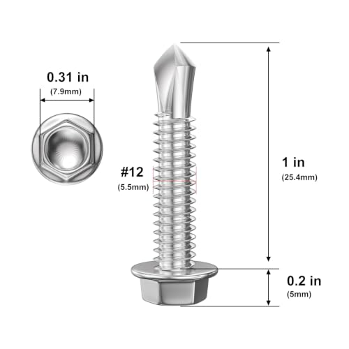Wensilon (300Pcs) #12×1" Hex Washer Head Self Drilling Screws, 410 Stainless Steel Metal SheetScrews，TEK Screws, Sheet Metal Self Tapping Screws #12x1" Silver