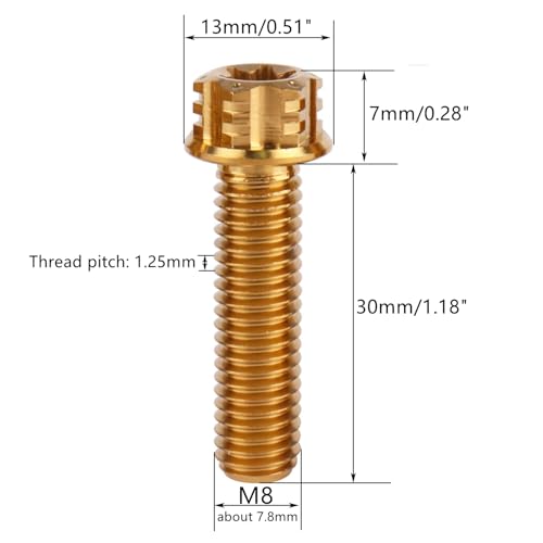 4Pcs Titanium Bolt Flange Torx Head M8 M10 x 20 25 30mm Screw Bolt for Motorcycle Car Modifications (Gold, M8x30mm) Gold M8x30mm Pitch 1.25
