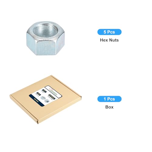 METALLIXITY Hex Nuts (1-1/4"-12) 5Pcs, Carbon Steel Coarse Thread Zinc Plated Hexagon Nut Hardware - for DIY Home Repair Machinery, Silver 1-1/4"-12 5