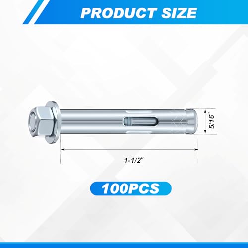 100 Pack 5/16" x 1-1/2" Sleeve Anchors for Concrete 100 5/16" X 1-1/2"