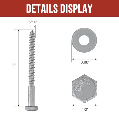 5/16" x 3" Lag Bolts (50 Pcs) 5/16 inch Lag Screws for Wood, Hot Dip Galvanized, Hex Head with Washers 5/16" x 3" (50 PCS)