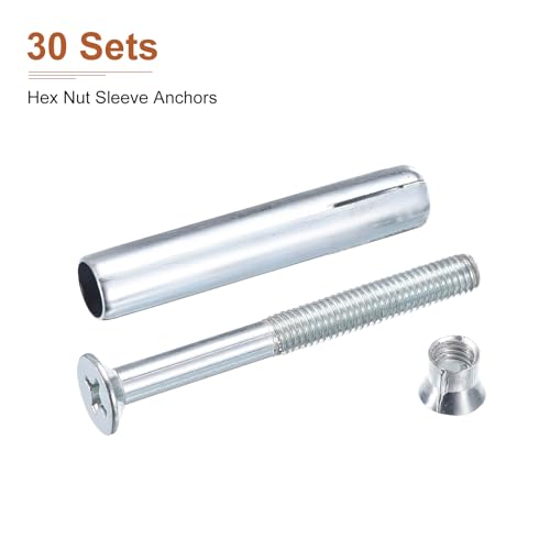 DTGN 3/8" x 4" Flat Sleeve Anchors - 30Pack - Good for Concrete Dry Brick Block Walls - Carbon Steel - Silver 30 3/8" x 4"