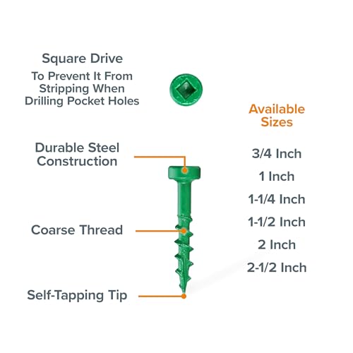 Bora Pocket Hole Screws 1 Inch Coarse Thread - 500 Pack for Wood Joinery - Professional Woodworking Bora Jig Compatible Screws for Furniture, Cabinetry & Carpentry Projects 1 inch (500 Piece)