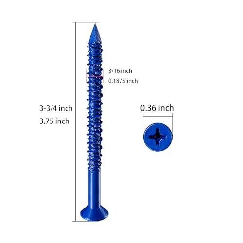 WenSilon(100 PCS) 3/16" x3-3/4 Concrete Screw Anchor Blue Flat Head for Anchoring to Masonry, Block or Brick Stucco 3/16"x3-3/4" 100