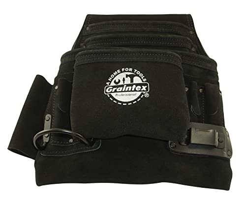 Graintex SS2780 10 Pocket Nail & Tool Pouch Black Color Suede Leather for Constructors, Electricians, Plumbers, Handymen