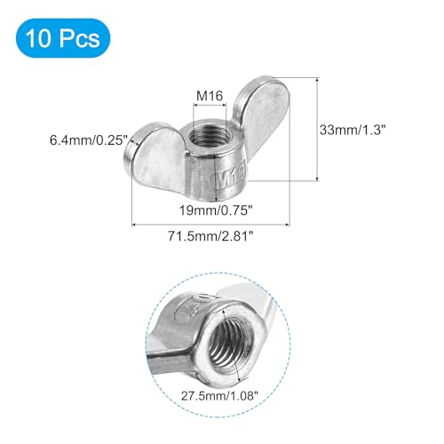 uxcell M16x2.0mm Wing Nut 10 Pcs, 304 Stainless Steel Butterfly Wing Nuts Fasteners Parts Hand Twist Tighten Wing Nuts for Machinery Electronic Equipment DIY, Silver