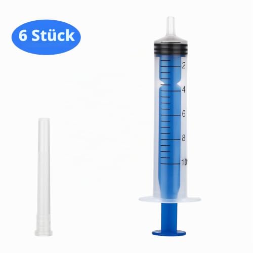 Syringe 10 ml, syringe without needle, disposable syringes and lid, pack of 6 | Blunt cannula for precise dispensing, suitable for hobby, DIY, animal feeding, garden, glue and liquid filling