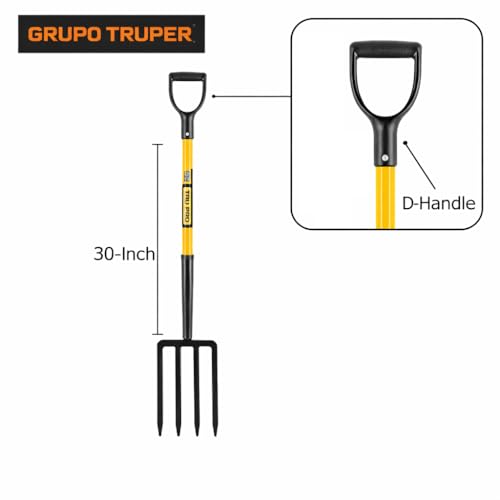 Truper Tru Pro 4-Tine Spading Fork, 30-Inch Heavy-Duty Fiberglass Handle with D-Grip, Professional Forged Steel Digging and Aerating Tool (Model BJ-4F / 30299) Tru Pro - Spading Fork 4-Tine
