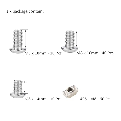 120Pcs 4040 Aluminum Extrusion Hardware Kit - M8 T Slot Nuts & Bolts 10Pcs M8x14, 40 M8x16, 10 M8x18, 60Pcs 40 Series M8 Drop-in T Nuts, Compatible with 4040 4080 Extrusion Accessories 40 Series Type Silver