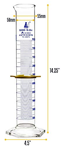 Graduated Cylinder, 500mL - ASTM, Class A Tolerance ±2.00mL - Protective Collar, Hexagonal Base - Blue Graduations - Borosilicate 3.3 Glass - Eisco Labs