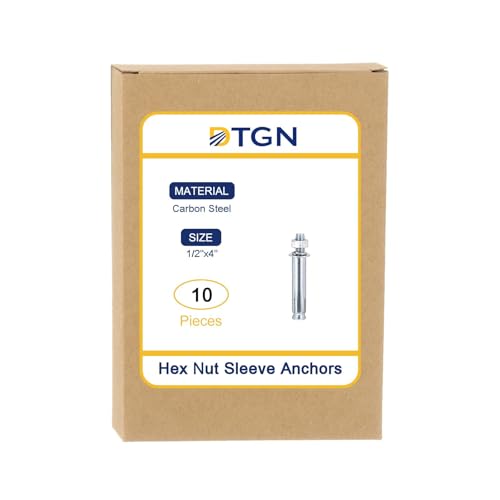 DTGN 1/2" x 4" Hex Nut Sleeve Anchors - 10Pack - Good for Concrete Dry Brick Block Walls - Carbon Steel - Silver 10 1/2" x 4"