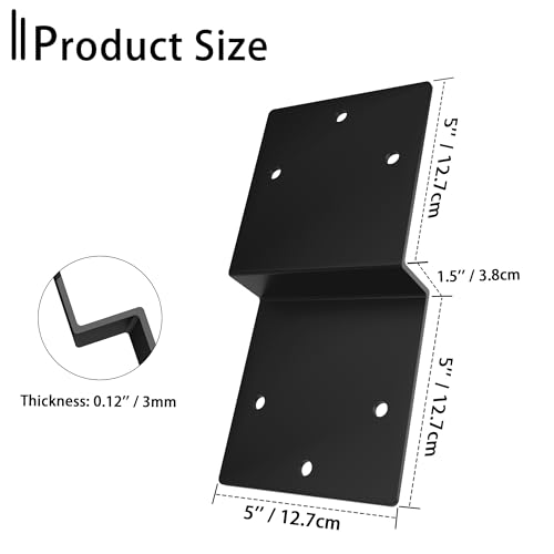 4pcs Z Brackets Black, Deck Joist Tie Plate Heavy Duty Steel 5'' x 5'' Z-Shape Connector Double Angle Channel Corner Brace Fit Beam Support Pergola Wood Shelves Fixing, Thickness 3 mm 4 Pieces
