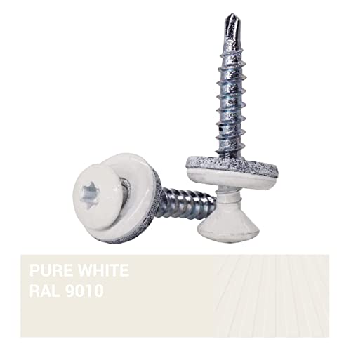 (Pack of 250) Metal Roofing Screws Torx 3/16" x 1-3/8" (4.8 x 35 mm) Painted Self-Drilling Screws with EPDM Washers, Tapping Screw, Pure White RAL 9010 3/16" x 1-3/8" (4.8 x 35 mm) Pure White (RAL 9010)