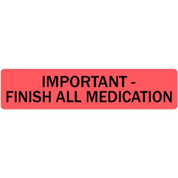 Important Finish All Medication - 0.375” x 1.625” Veterinary Labels/Stickers, Bright Red with Black Text, [500 Labels/1 Roll] - Medical Alert Stickers | LabelValue