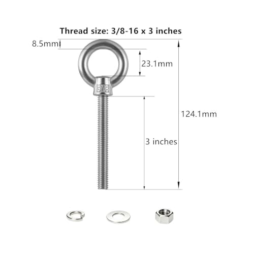 12Pcs Stainless Steel Ring Eye Bolts 3/8"-16 with Nuts, 3" Long 3/8"-16 x 3" 12