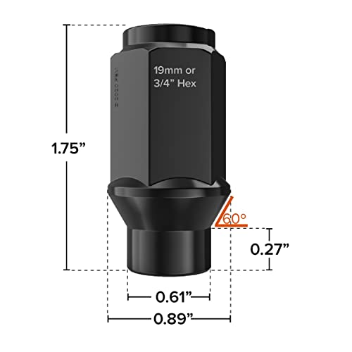 24pcs Black Bulge Lug Nuts - Metric 14x1.5 Thread Size - 1.75 inch Length - ET Style - Cone Conical Taper Seat Shank - Closed End - Compatible with 6Lug Vehicles and Aftermarket Wheels