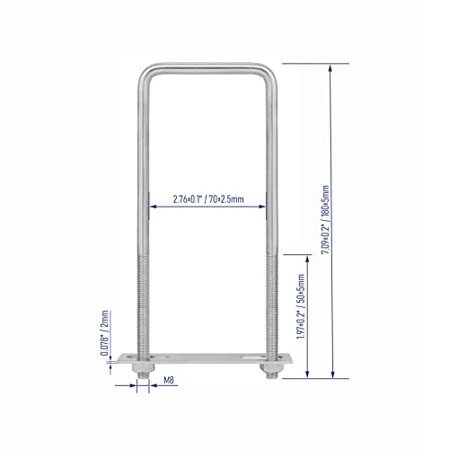 4 Sets 304 Stainless Steel Square U-Bolts, 70x180mm, M8