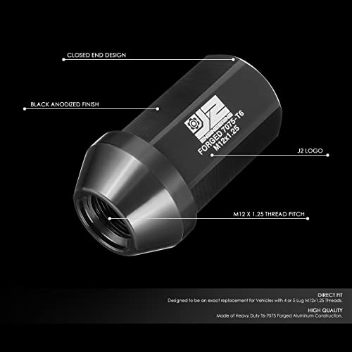 J2 Engineering J2-LN-T7-038-125-BK M12 x 1.25 T6-7075 Aluminum 42mm Closed End Lug Nuts w/Deep Drive Extension Adapter,Black,25mm x 42mm
