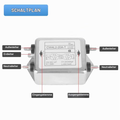 EMI Power Filter, 115V/250V 20A 50/60Hz CW4L2-20A-T Power EMI Filter Mains Filter, Interference Filter for Most Digital Devices, Dual Mode Suppression