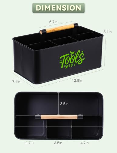 Gardening Tool Caddy, Wooden Handle and 4 Compartments Black