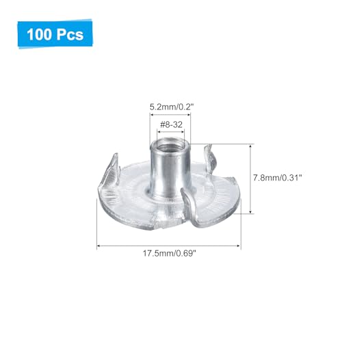 uxcell #8-32 T-Nuts, Zinc-Plated Carbon Steel 3-Pronged Tee Nuts Threaded Inserts for Climbing Holds and Wood Working, White 100Pcs