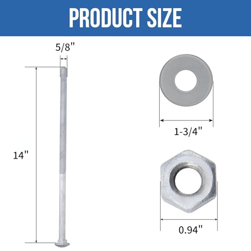 5/8" x 14" Carriage Bolts (12 PCS), Hot Dip Galvanized, Heavy Duty Round Head with Washers and Nuts 5/8" x 14"