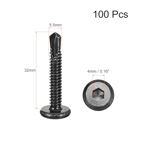 uxcell 100Pcs Hex Socket Self Tapping Screws, #12 x 1-1/4" 410 Stainless Steel Flat Head Sheet Metal Drilling Screws, Black #12 x 1-1/4" 100