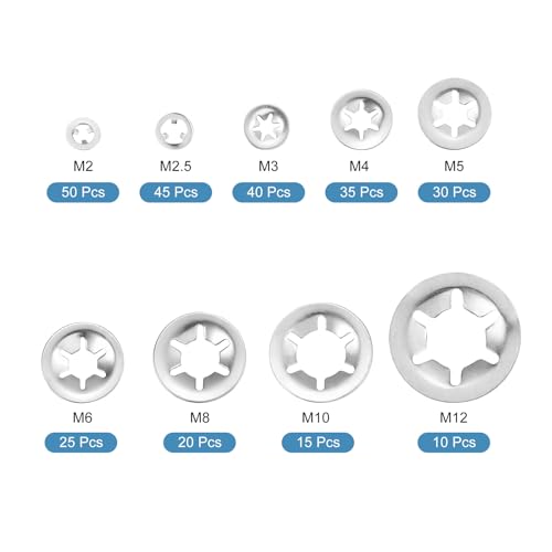 uxcell 270Pcs Internal Tooth Washers Assortment Kit, 304 Stainless Steel Tooth Locking Ring Washers Quick Speed Nut ing Fastener, 9 Size, Silver 270