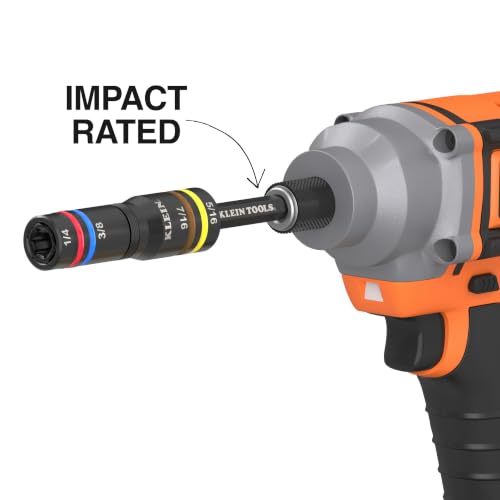 Klein Tools 653QS KNECT Quad Socket, 12 Sizes in 3 Sockets, 4-in-1 Color Coded SAE Impact Rated, Heavy-Duty, 1/4- and 3/8-Inch Drive, 3-1/2- and 6-1/2-Inch Shaft 12 SAE Sizes