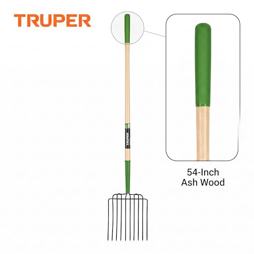 Truper Tru Tough 10-Tine Manure and Bedding Fork, 54-Inch Premium Ash Wood Handle, Forged Steel Head, Heavy-Duty Agricultural & Stable Tool (Model BPJ-10L / 30331)