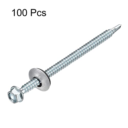 uxcell #12 x 4 Self Drilling Screws with Rubber Washer, 100pcs Zinc Plated Steel Roofing Screws Hex Head Self Tapping Screws with EPDM Washer for Metal to Metal #12 x 4" 100