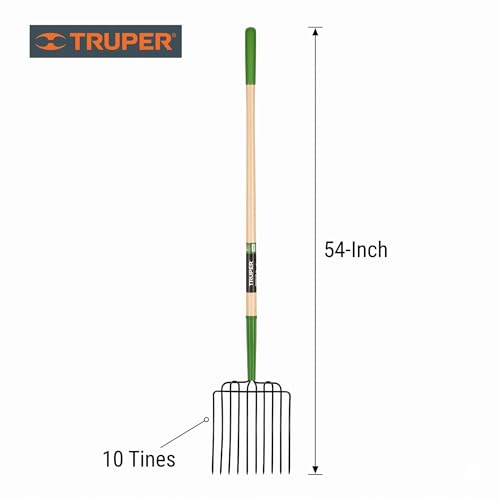 Truper Tru Tough 10-Tine Manure and Bedding Fork, 54-Inch Premium Ash Wood Handle, Forged Steel Head, Heavy-Duty Agricultural & Stable Tool (Model BPJ-10L / 30331)