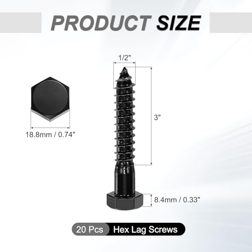 uxcell 1/2" x 3" Hex Head Lag Screws Bolts, 20 Pcs 304 Stainless Steel Hexagon Head Lag Bolt Wood Screws, Partial Thread, Black Zinc Plating 1/2" x 3"