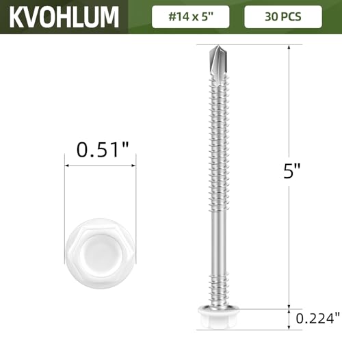#14 x 5 (30 PCS) White Head Sheet Metal Screws, Hex Washer Head Self Drilling Screw, Flanged Fast Self Tapping Screws, Hex Bit Socket Included #14 x 5"