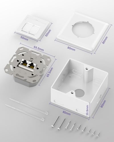 VCELINK RJ45 Network Socket CAT6A, 2 Port LAN Socket for Surface-Mounted or Flush-Mounted | 10 Gbit/s shielded surface-mounted box 500 MHz, universal network socket, PoE, CAT6 CAT5, EIA/TIA T568A&B, white, 1 piece