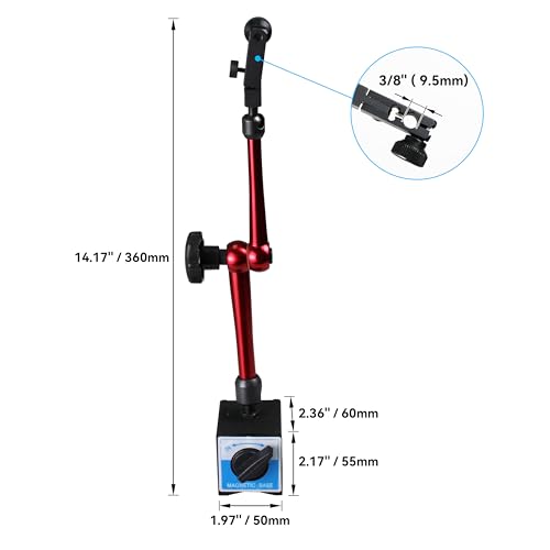 HFS(R) Dial Indicator Magnetic Base Stand with Adjustable Holder Flexible Arm for 3/8" Digital Dial Test Indicator Gauge 132lbs/60kg Max Pull 3/8" Clamping Diameter Red