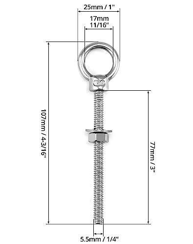 QWORK Eye Bolt, 25 Pack 1/4"x3" Stainless Steel Marine Grade Threaded Eyebolts, Lifting Ring Threaded Eyebolts with Nuts Washers 1/4" x 3"