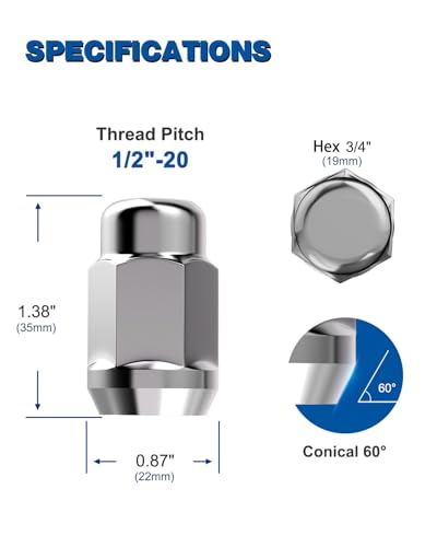 GAsupply 20pcs 1/2x20 Lug Nuts Chrome, 1.38" Tall 3/4" 19mm Hex Cone Seat 1/2"-20 20 Pack Silver