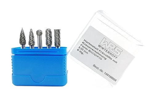 WRS Carbide Burr Set with Universal Cross Toothing, Industrial Quality, 5 Pieces, in Rose Plastic Box, Size: 8.0 mm Head Diameter, 5-Piece 8.0 mm Head-Ø, 5-piece.