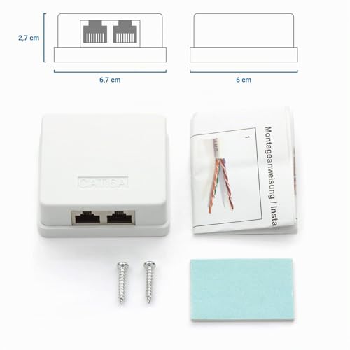 deleyCON CAT 6a Network Socket 2x RJ45 Socket FTP 10 Gbit, Pack of 4 - White | Shielded, surface-mounted mounting, Ethernet network LAN socket, RAL 9003 4 pieces