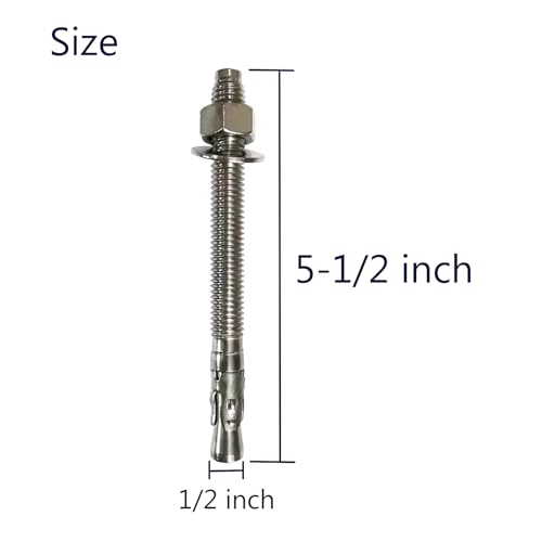 Wedge Anchors for Concrete, Stainless Steel 304 Heavy Duty Fasteners 8pcs 1/2 x 5-1/2 inch