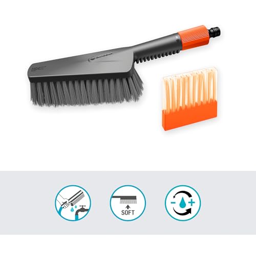 Gardena Cleansystem Wash Set with Hand-Held Brush M Soft: Wet Cleaning Brush for Smaller, Sensitive Surfaces, with Water-Flow Regulation, incl. soap Sticks for Effective Washing (18863-20)