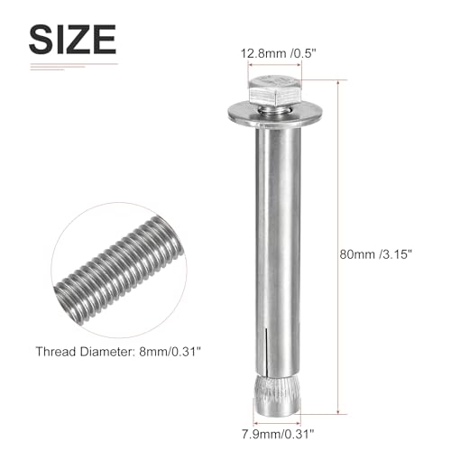 DTGN M8 x 80 Hex Expansion Bolts - 50Pack - Good for Concrete Dry Brick Block Walls - 304 Stainless Steel - Silver 50