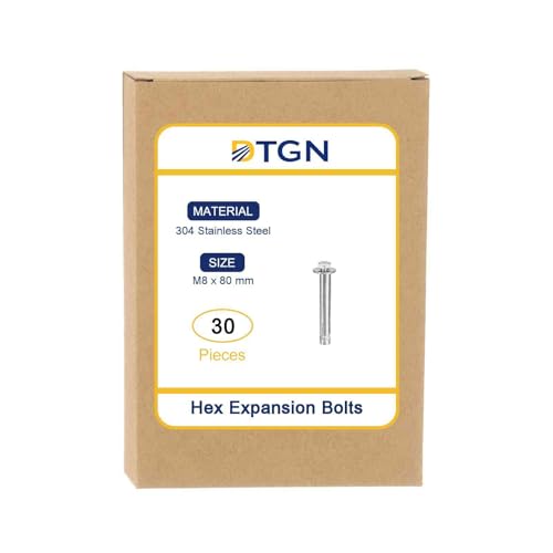 DTGN M8 x 80 Hex Expansion Bolts - 30Pack - Good for Concrete Dry Brick Block Walls - 304 Stainless Steel - Silver 30