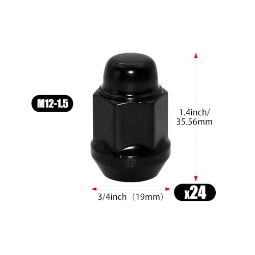 24pcs Black M12x1.5 Closed End Bulge Acorn Lug Nuts, 1.4 inch Length Cone Seat 19mm Hex